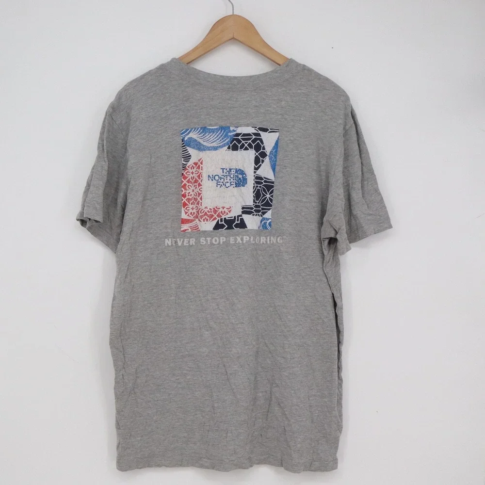The North Face Mens XL Heather Gray Graphic T-Shirt Never Stop Exploring Back